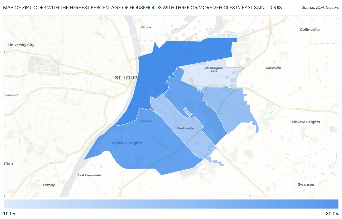 Zip Codes with the Highest Percentage of Households With Three or more Vehicles in East Saint Louis Map