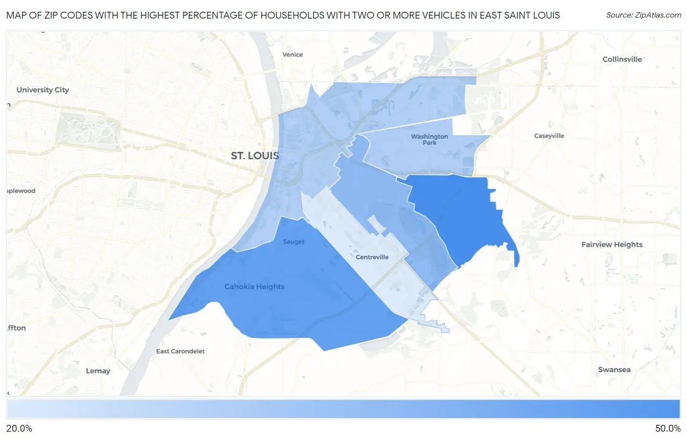 Zip Codes with the Highest Percentage of Households With Two or more Vehicles in East Saint Louis Map