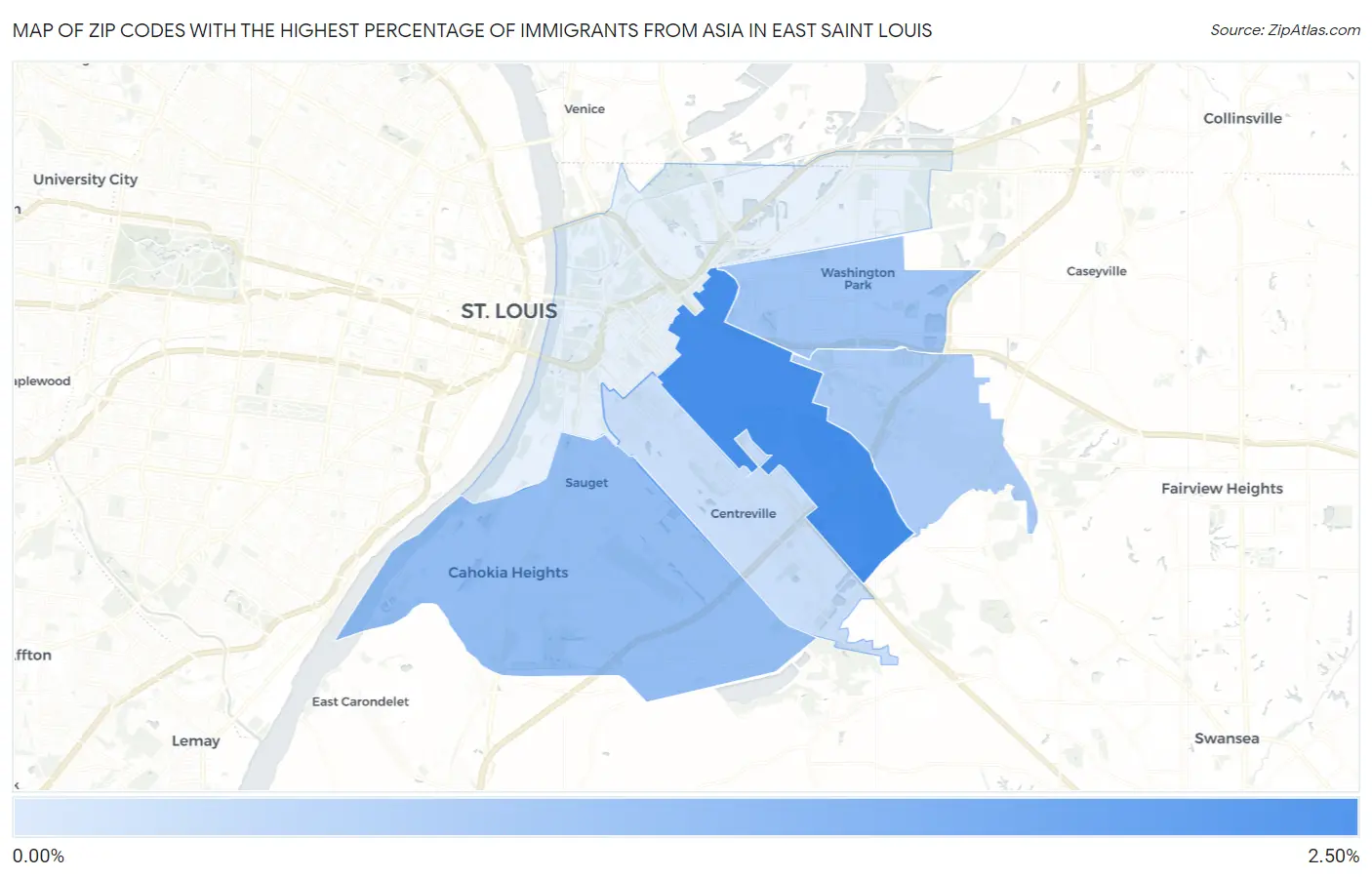 Zip Codes with the Highest Percentage of Immigrants from Asia in East Saint Louis Map