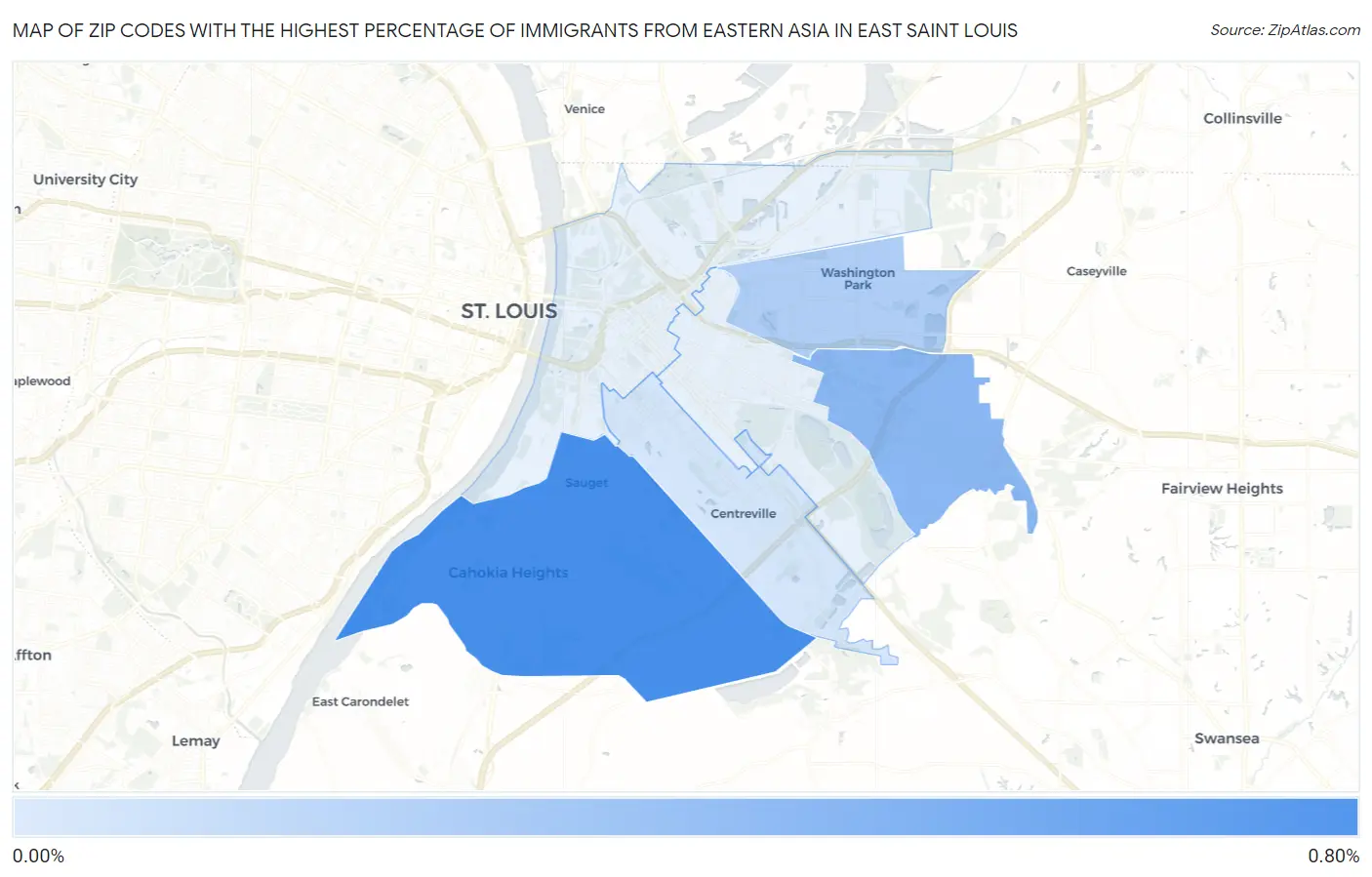 Zip Codes with the Highest Percentage of Immigrants from Eastern Asia in East Saint Louis Map