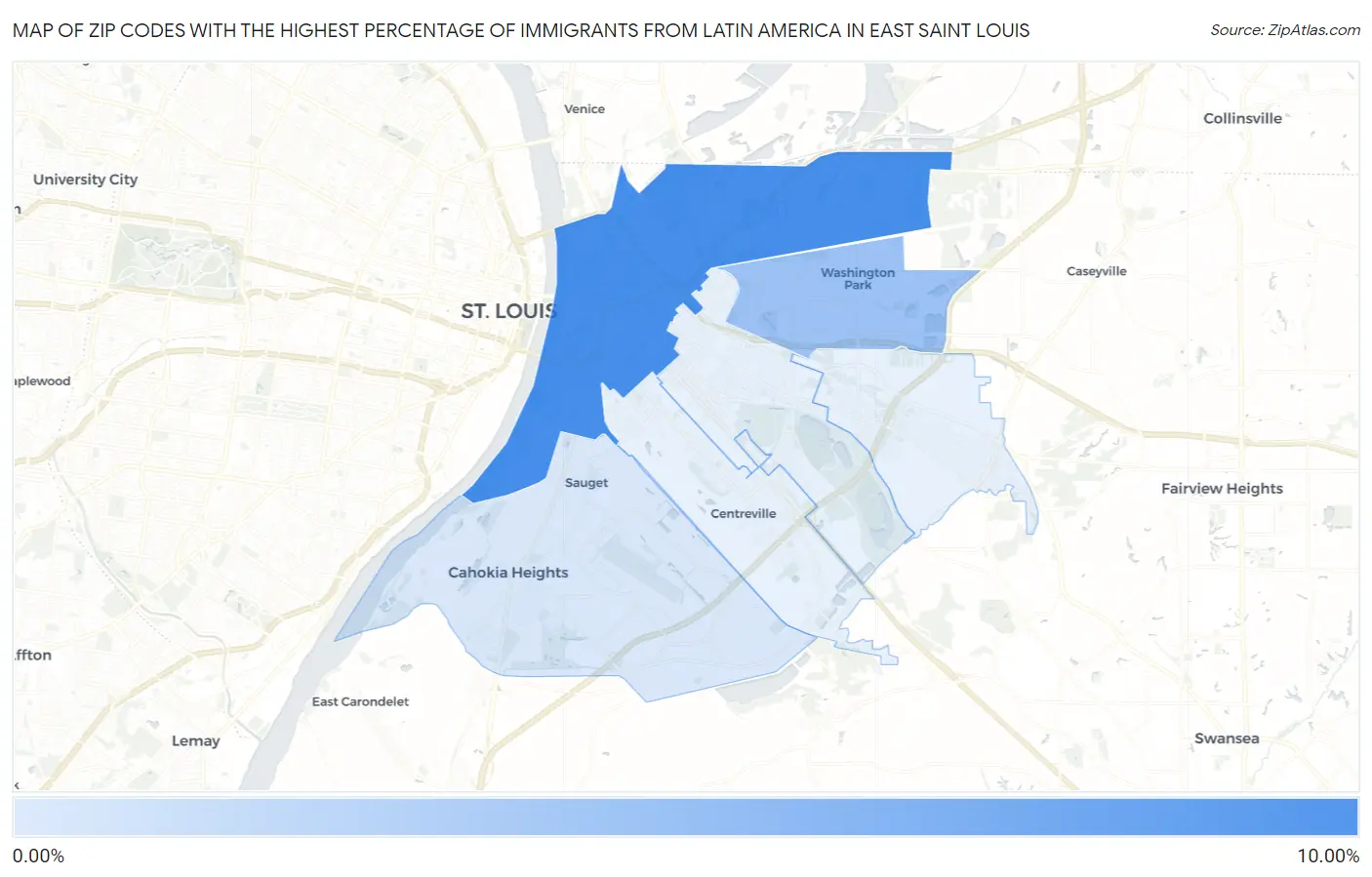 Zip Codes with the Highest Percentage of Immigrants from Latin America in East Saint Louis Map