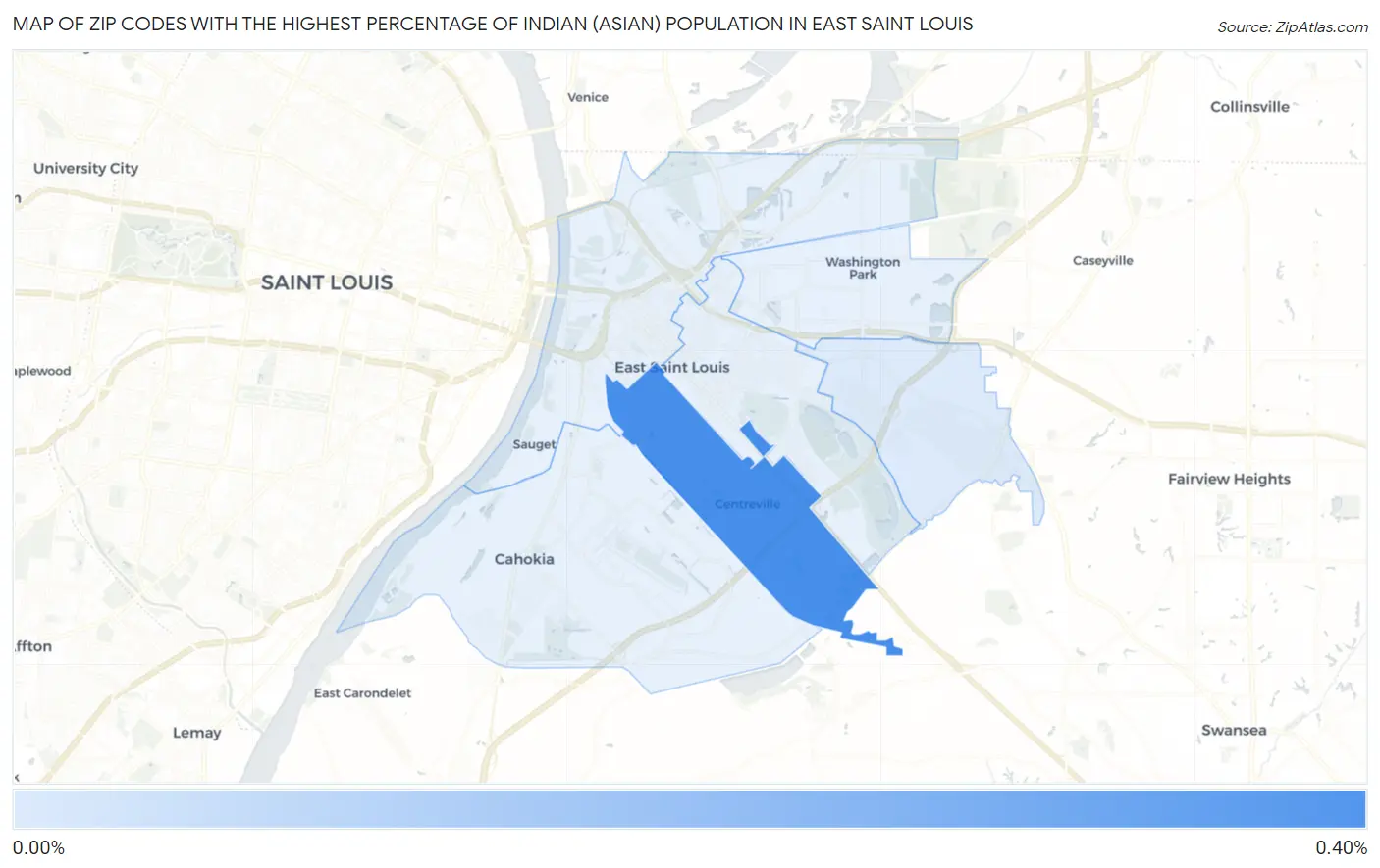 Zip Codes with the Highest Percentage of Indian (Asian) Population in East Saint Louis Map