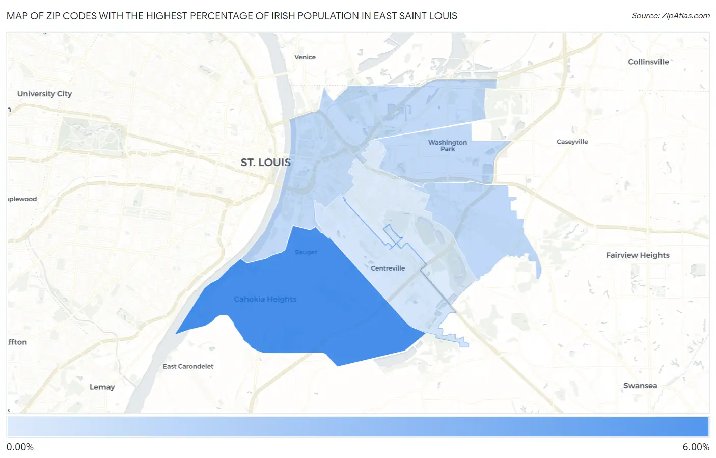 Zip Codes with the Highest Percentage of Irish Population in East Saint Louis Map