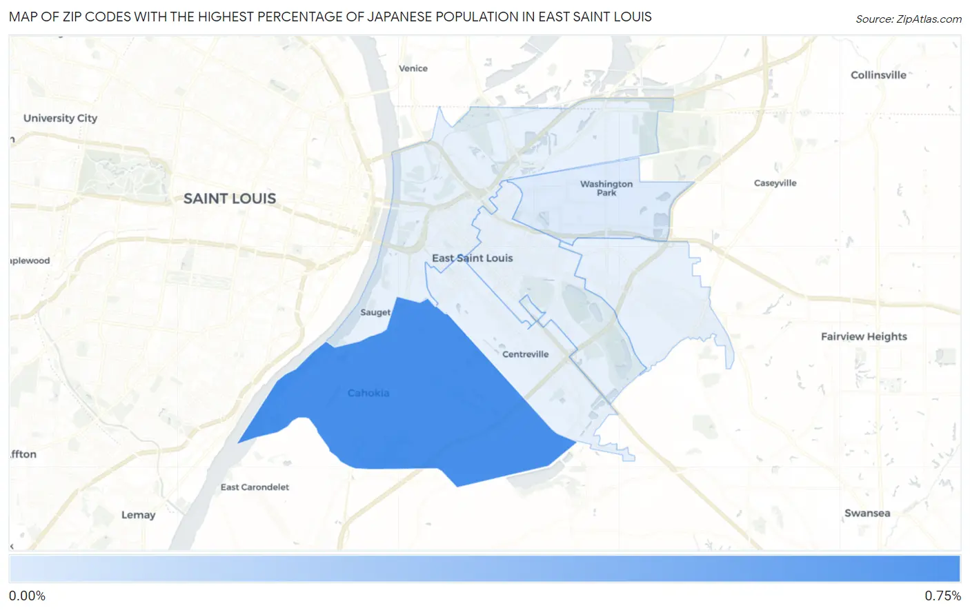Zip Codes with the Highest Percentage of Japanese Population in East Saint Louis Map