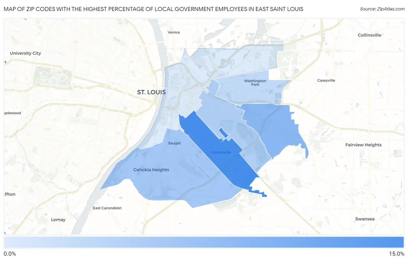 Zip Codes with the Highest Percentage of Local Government Employees in East Saint Louis Map