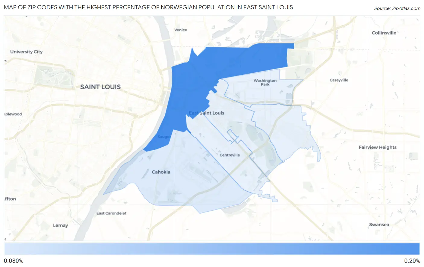 Zip Codes with the Highest Percentage of Norwegian Population in East Saint Louis Map