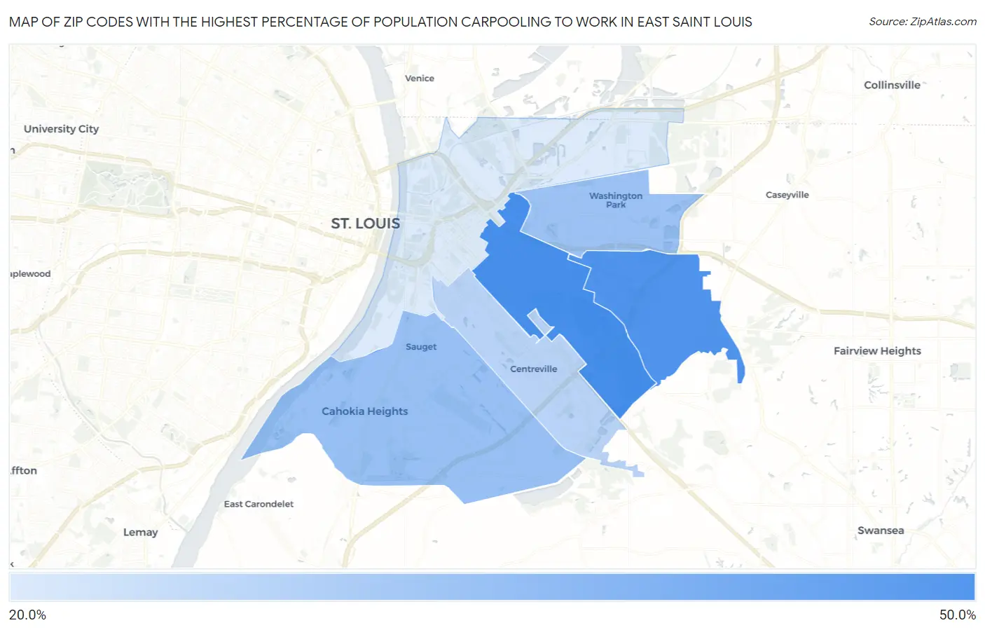 Zip Codes with the Highest Percentage of Population Carpooling to Work in East Saint Louis Map