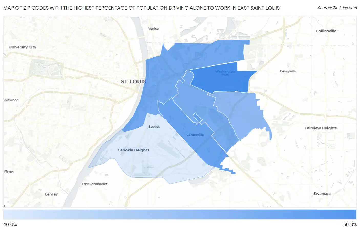 Zip Codes with the Highest Percentage of Population Driving Alone to Work in East Saint Louis Map