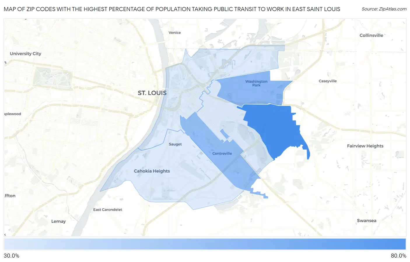 Zip Codes with the Highest Percentage of Population Taking Public Transit to Work in East Saint Louis Map