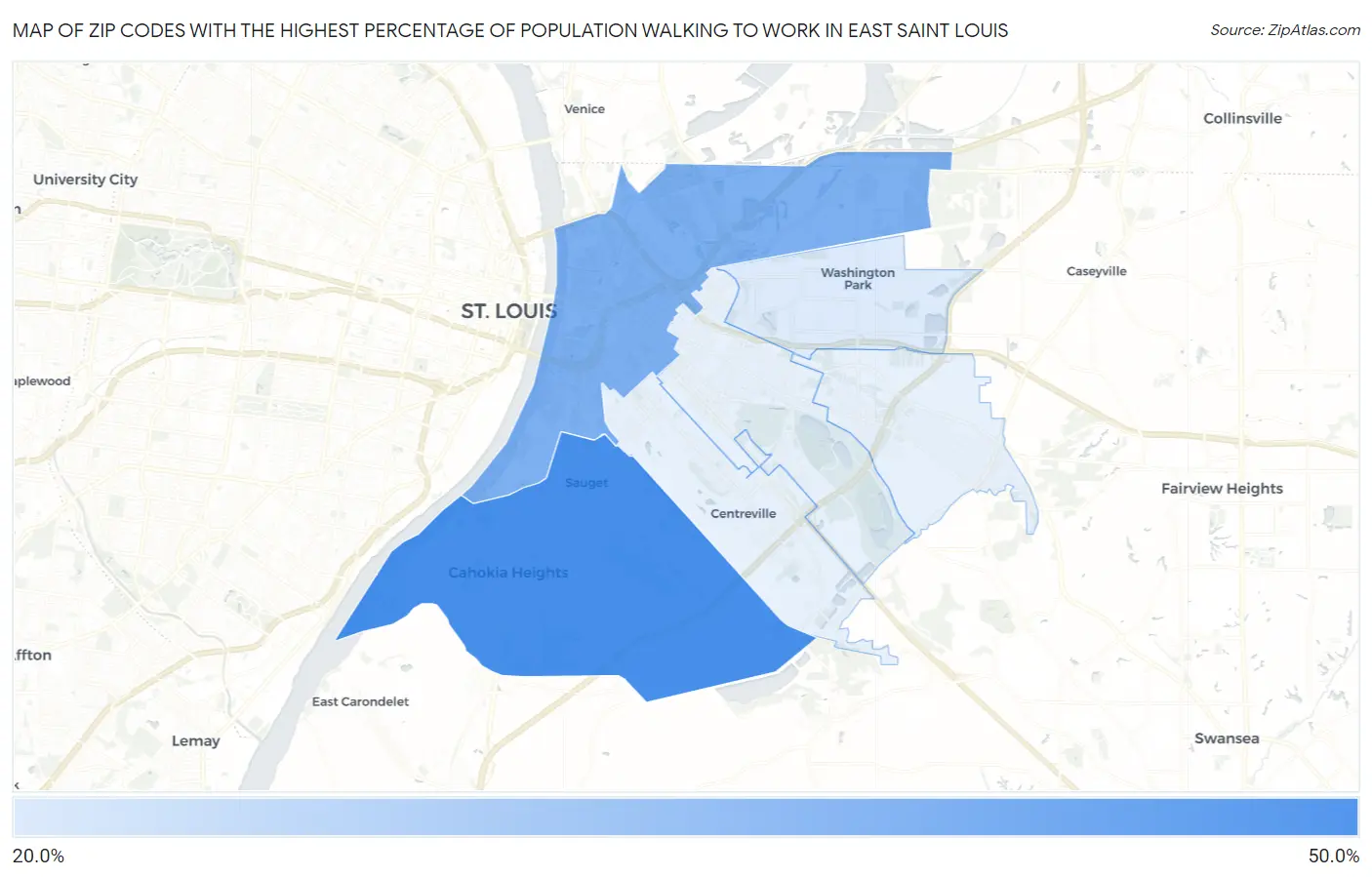 Zip Codes with the Highest Percentage of Population Walking to Work in East Saint Louis Map