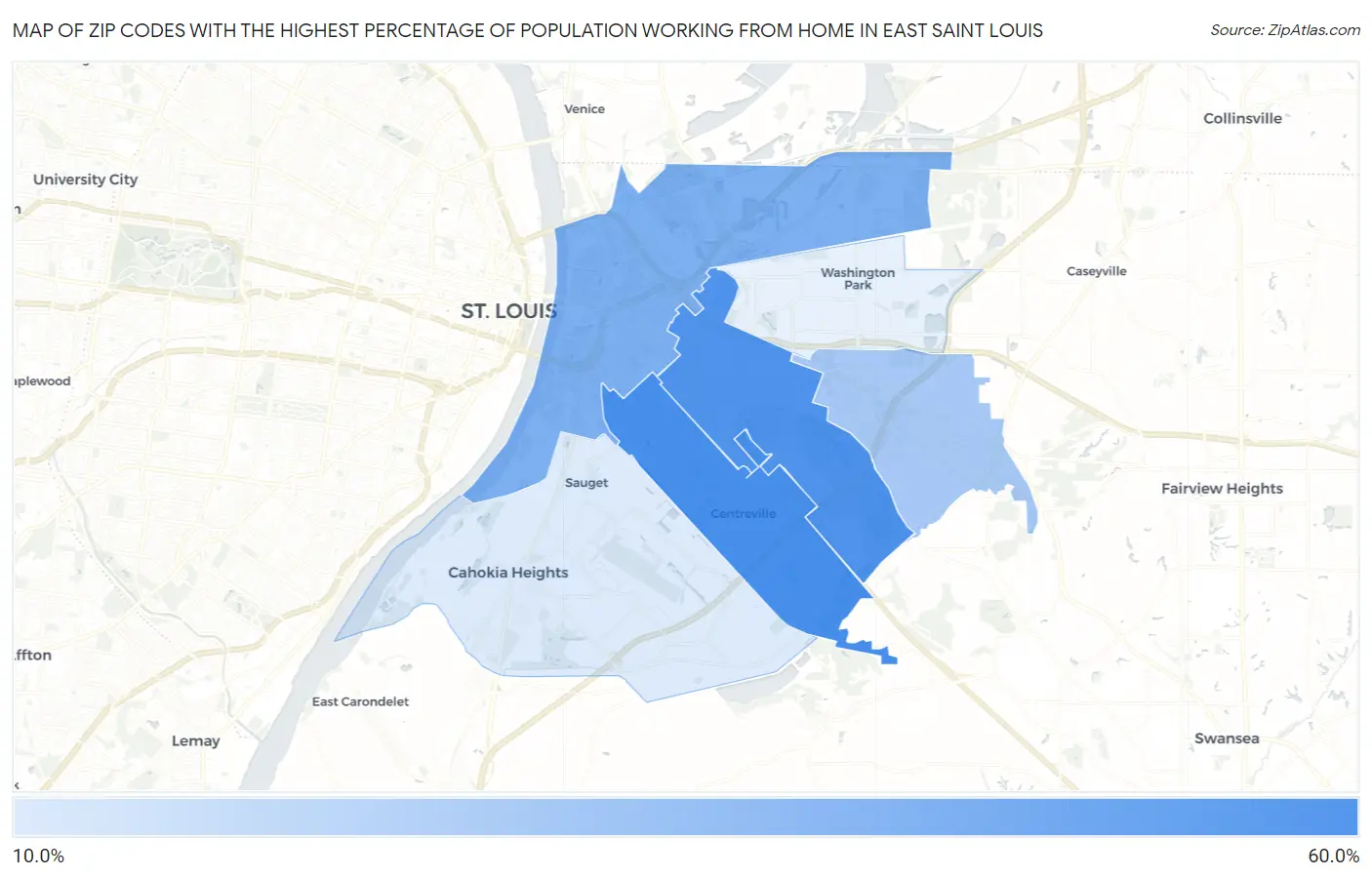 Zip Codes with the Highest Percentage of Population Working from Home in East Saint Louis Map