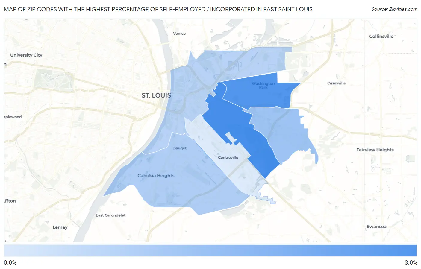 Zip Codes with the Highest Percentage of Self-Employed / Incorporated in East Saint Louis Map