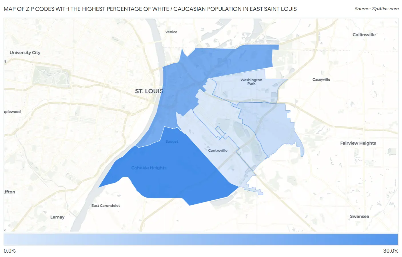 Zip Codes with the Highest Percentage of White / Caucasian Population in East Saint Louis Map
