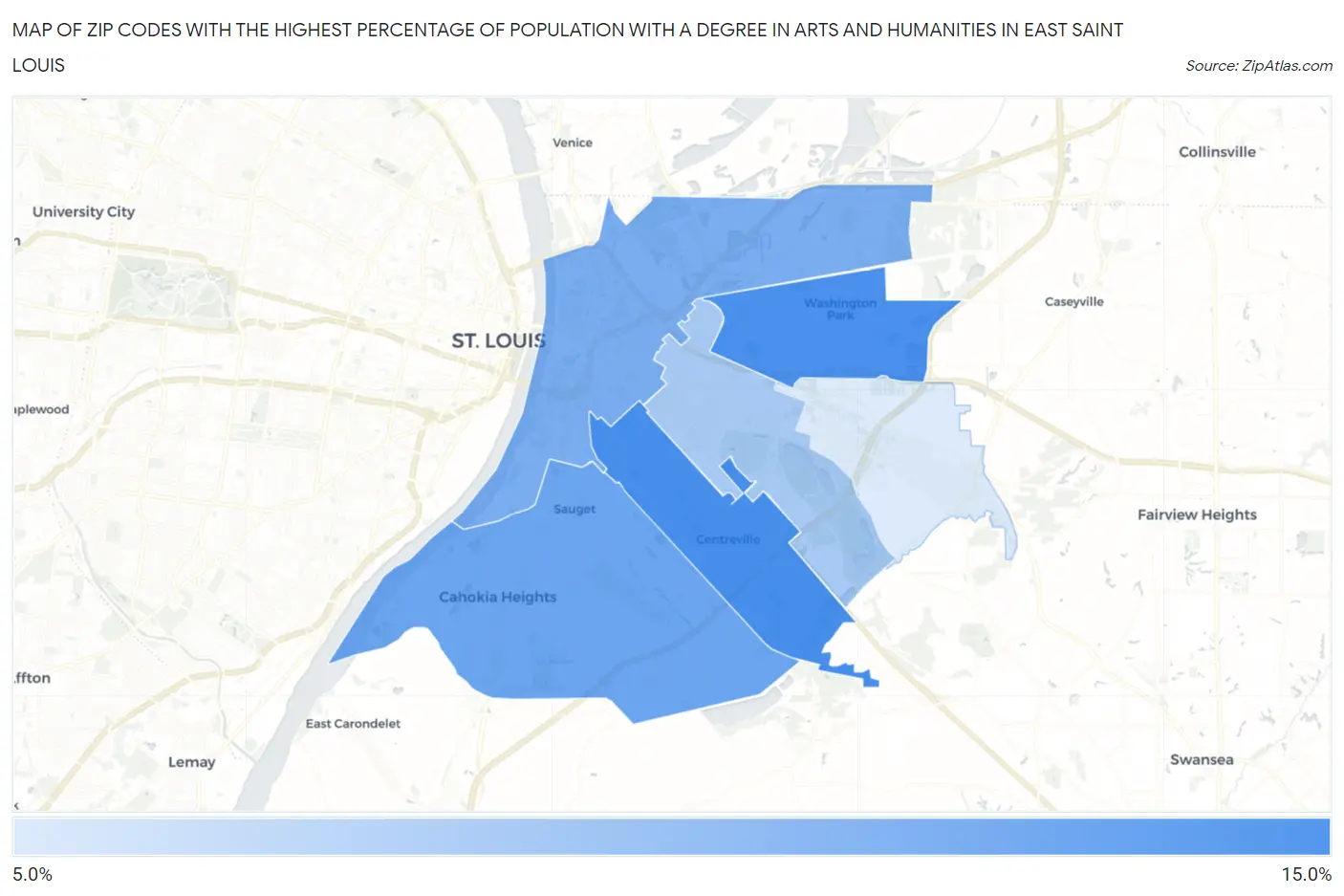 Zip Codes with the Highest Percentage of Population with a Degree in Arts and Humanities in East Saint Louis Map