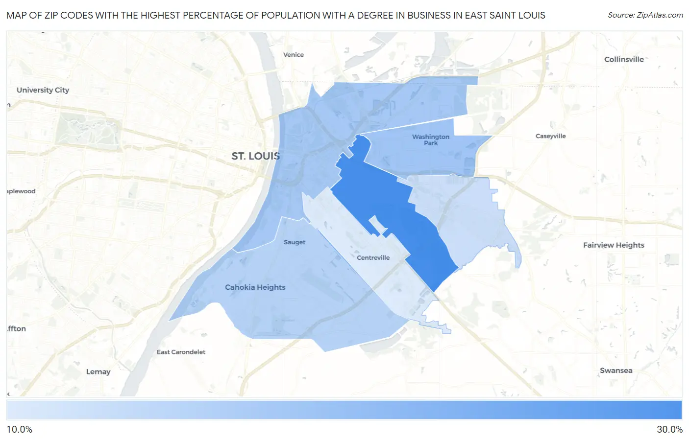 Zip Codes with the Highest Percentage of Population with a Degree in Business in East Saint Louis Map