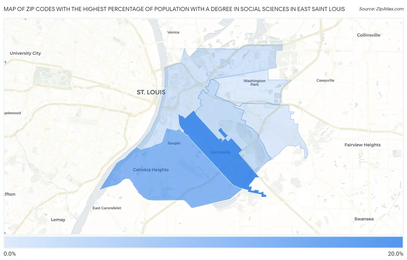 Zip Codes with the Highest Percentage of Population with a Degree in Social Sciences in East Saint Louis Map