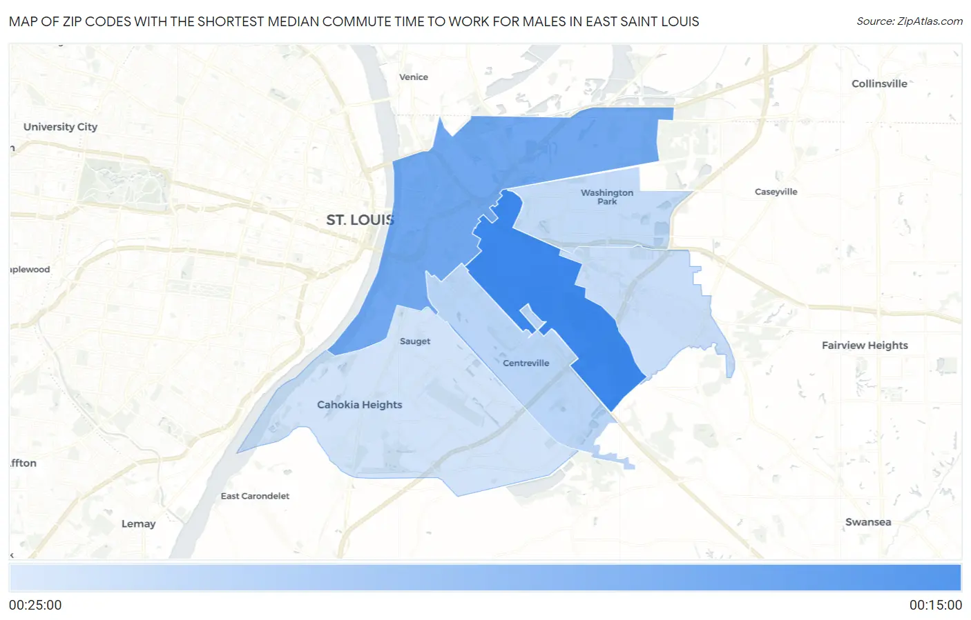 Zip Codes with the Shortest Median Commute Time to Work for Males in East Saint Louis Map