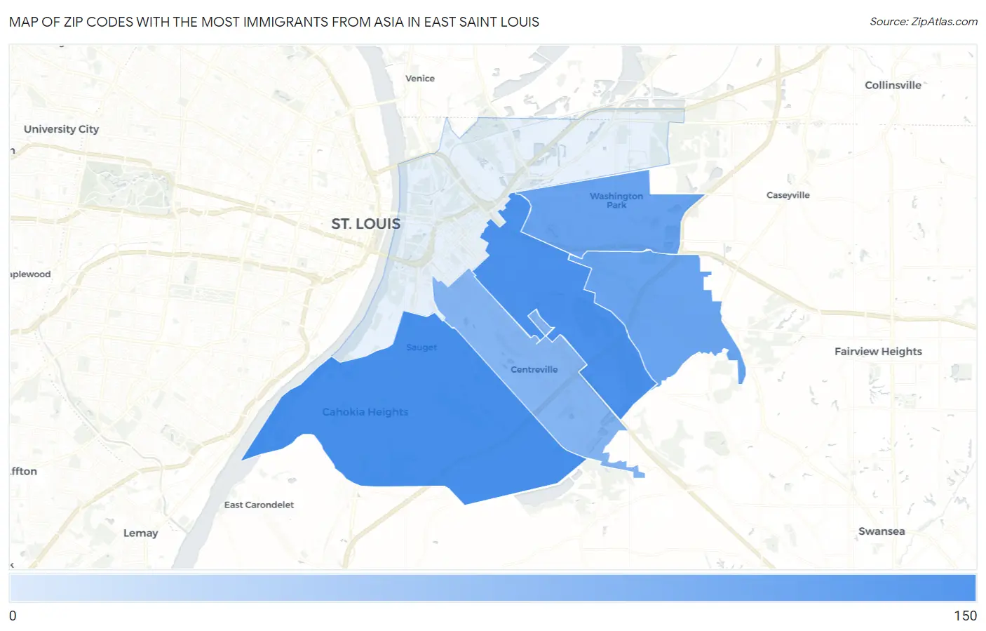 Zip Codes with the Most Immigrants from Asia in East Saint Louis Map