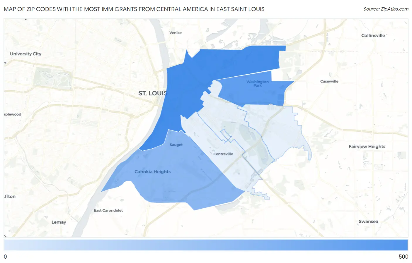 Zip Codes with the Most Immigrants from Central America in East Saint Louis Map