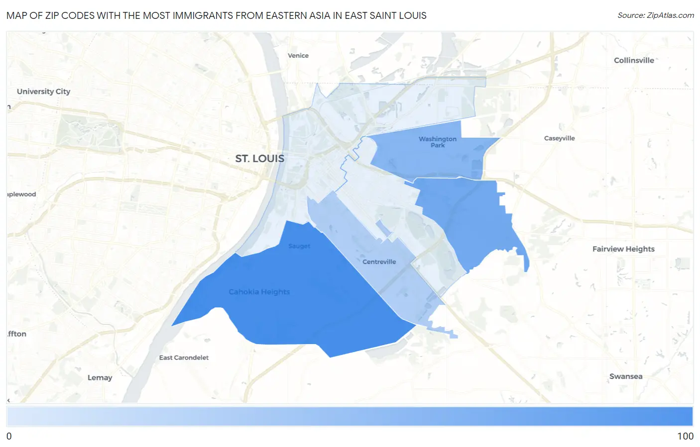 Zip Codes with the Most Immigrants from Eastern Asia in East Saint Louis Map