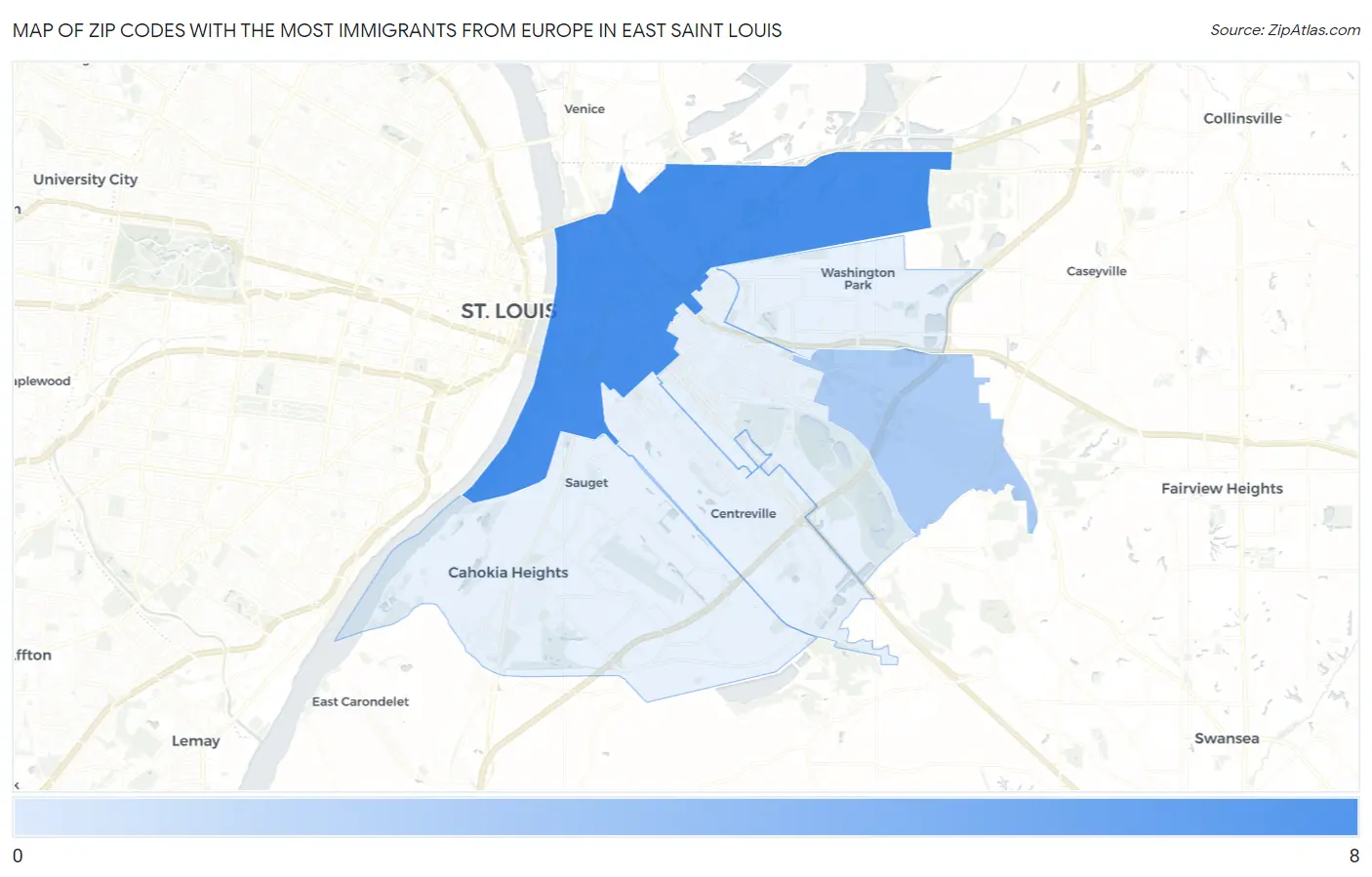 Zip Codes with the Most Immigrants from Europe in East Saint Louis Map