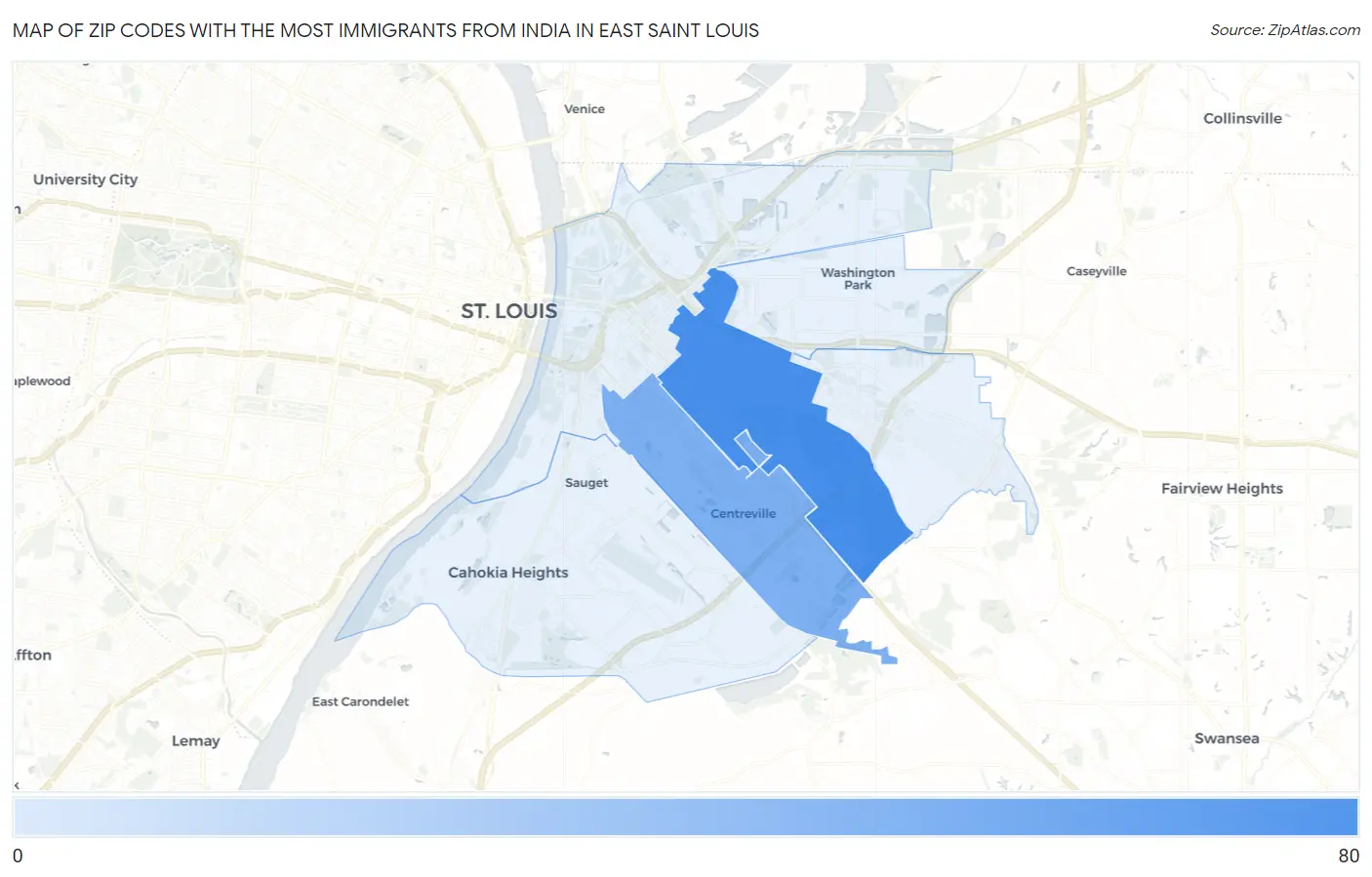 Zip Codes with the Most Immigrants from India in East Saint Louis Map