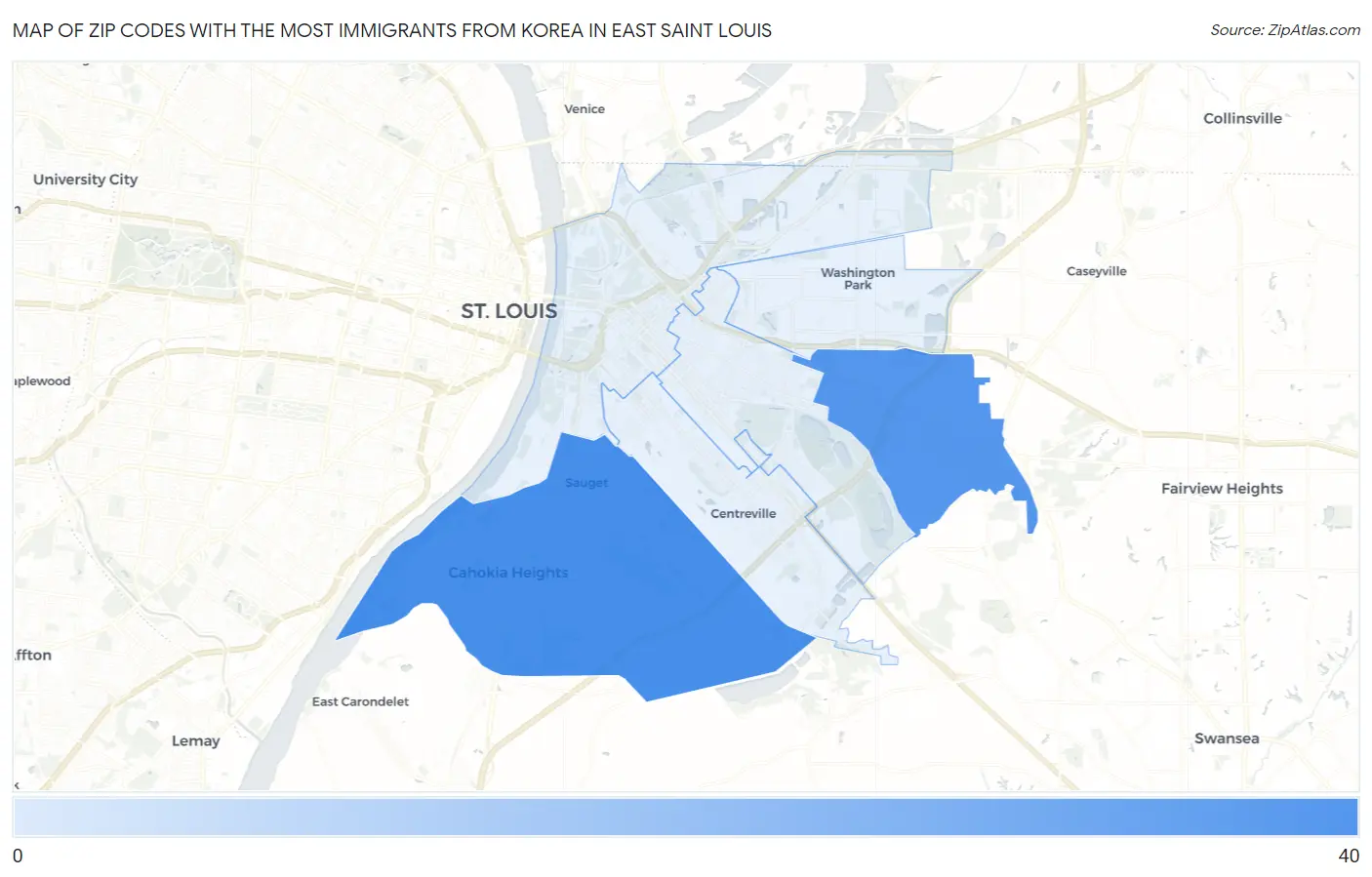 Zip Codes with the Most Immigrants from Korea in East Saint Louis Map