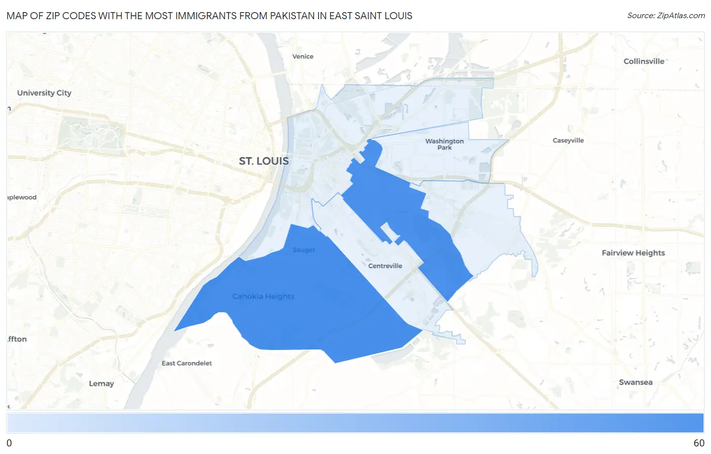 Zip Codes with the Most Immigrants from Pakistan in East Saint Louis Map