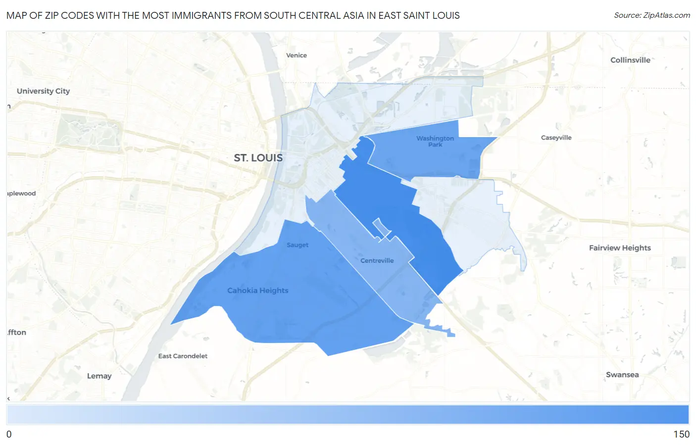 Zip Codes with the Most Immigrants from South Central Asia in East Saint Louis Map