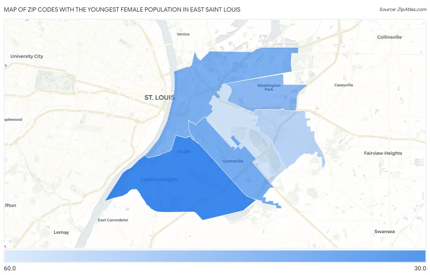 Zip Codes with the Youngest Female Population in East Saint Louis Map