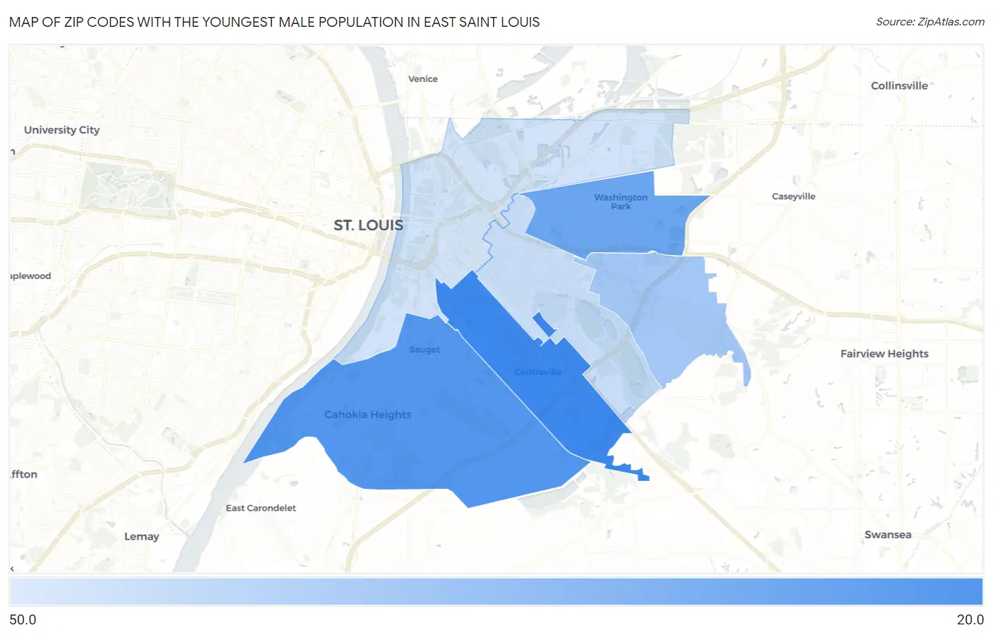 Zip Codes with the Youngest Male Population in East Saint Louis Map