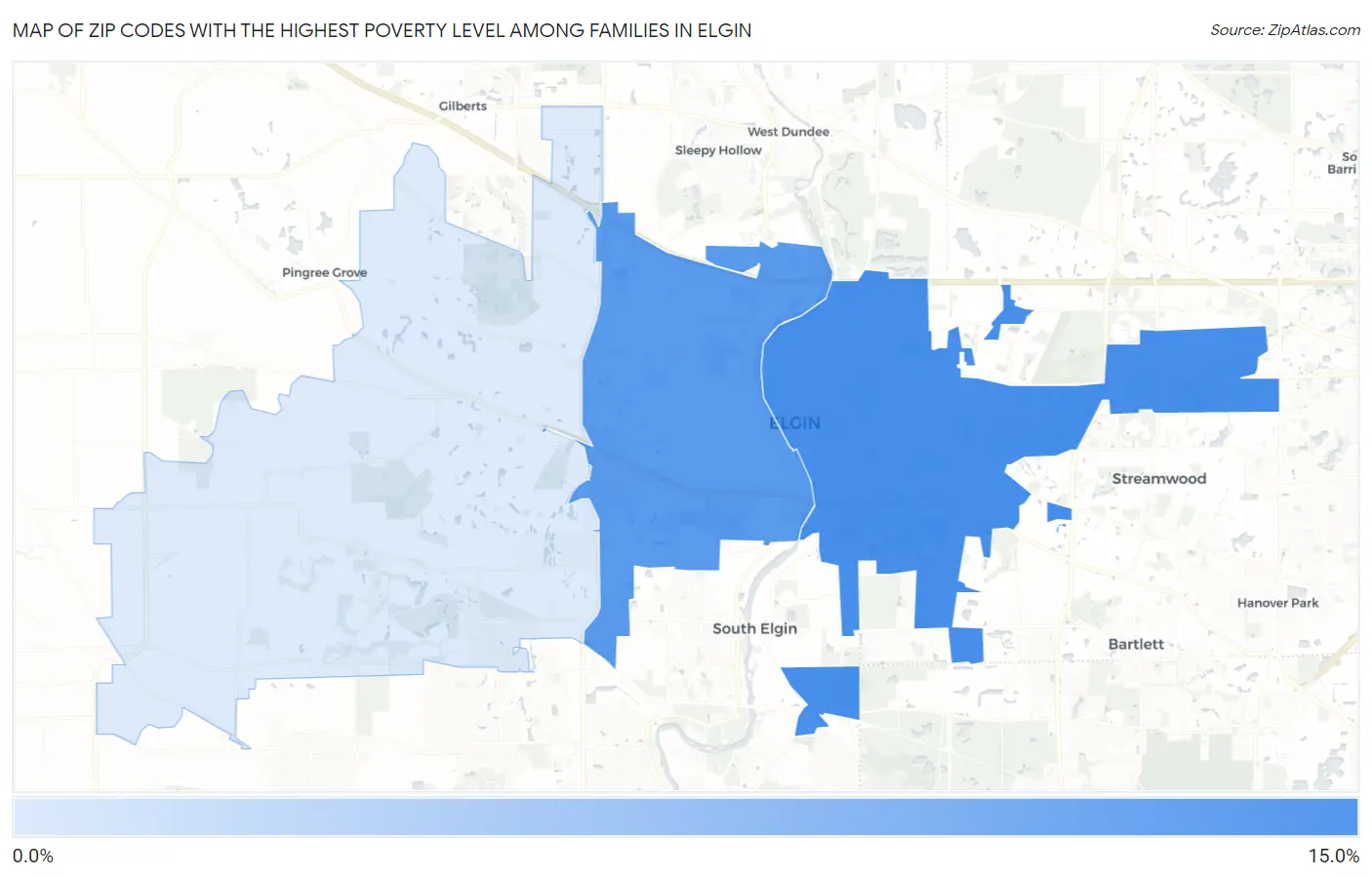 Zip Codes with the Highest Poverty Level Among Families in Elgin Map