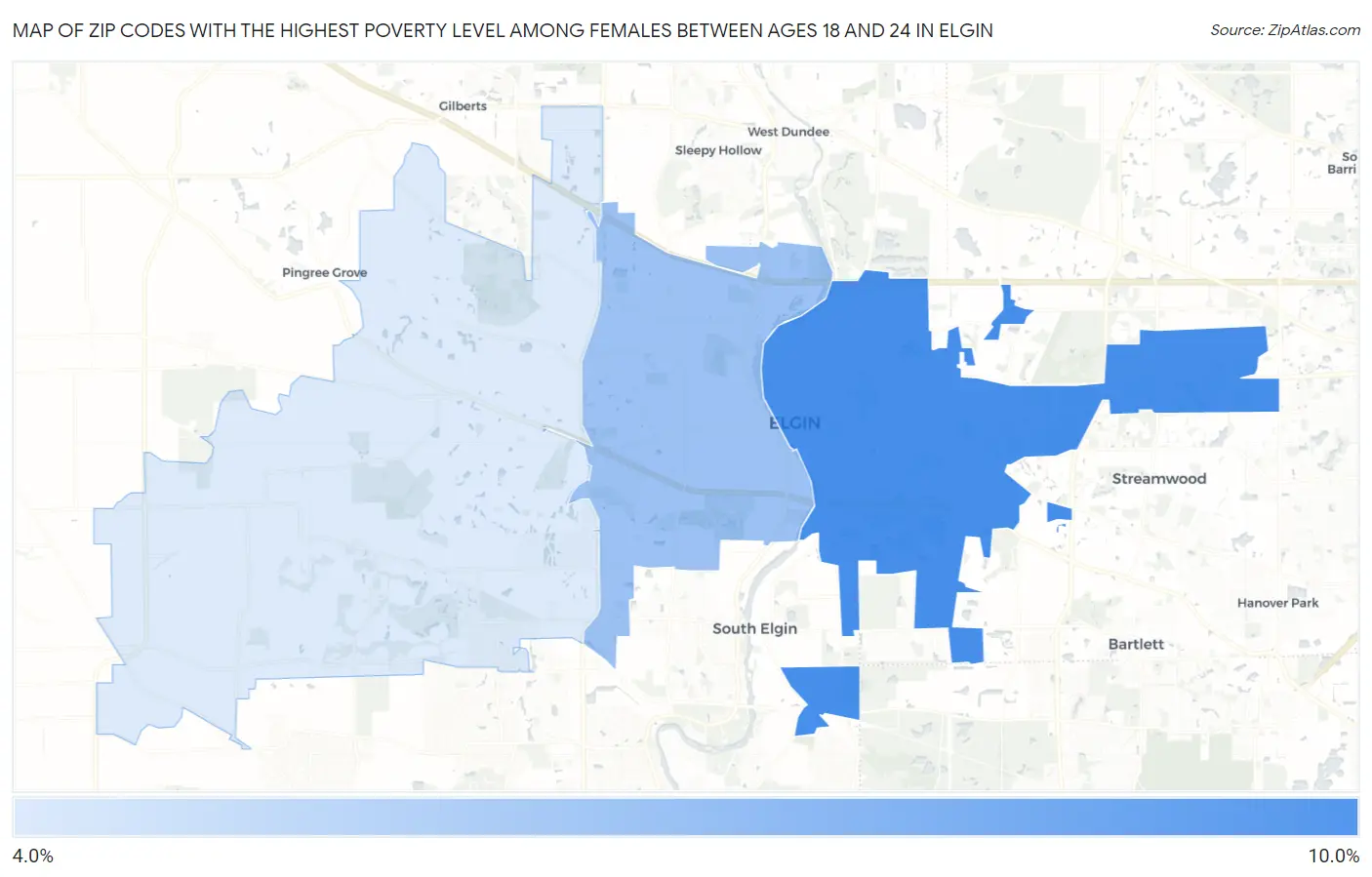 Zip Codes with the Highest Poverty Level Among Females Between Ages 18 and 24 in Elgin Map