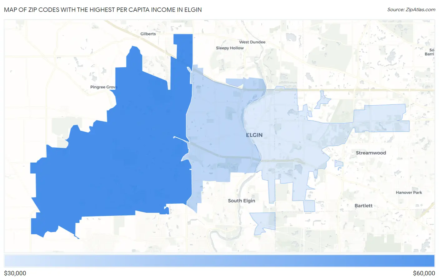Zip Codes with the Highest Per Capita Income in Elgin Map