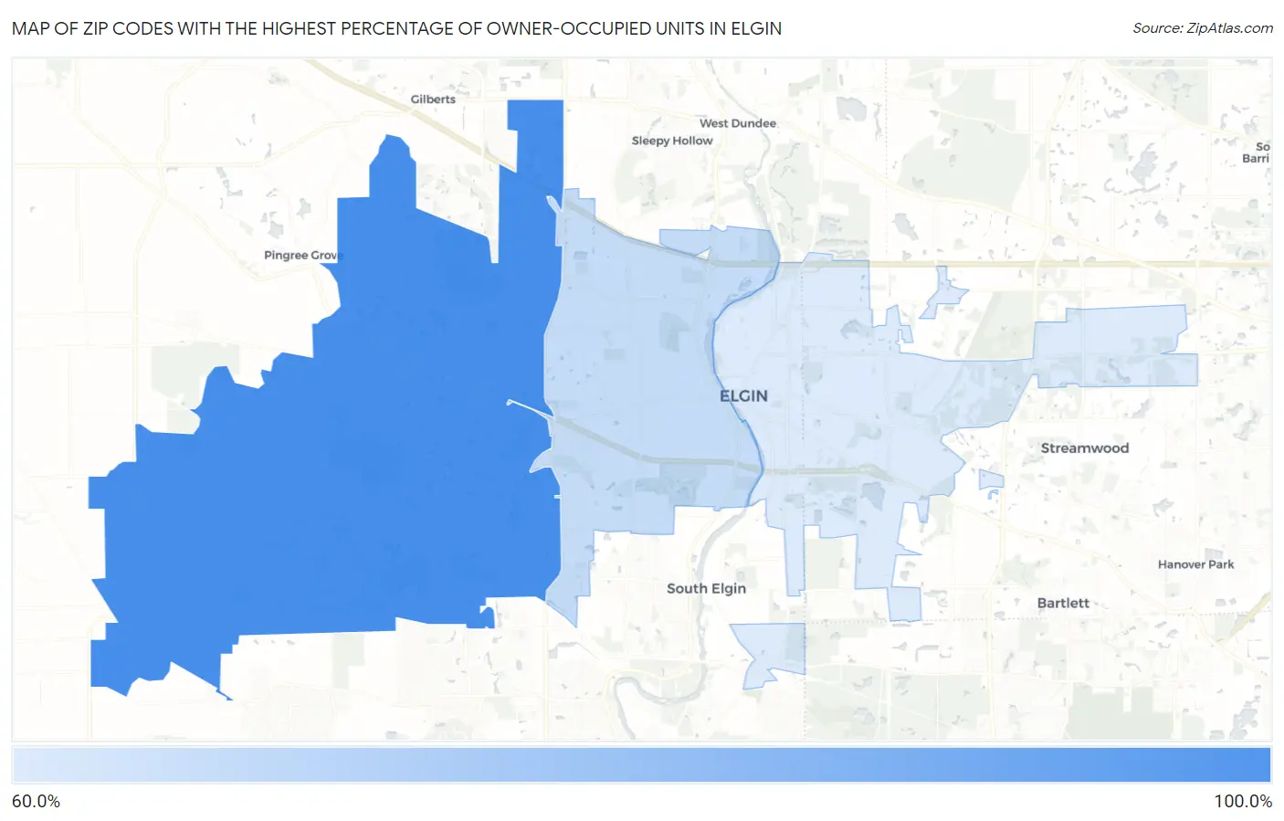 Zip Codes with the Highest Percentage of Owner-Occupied Units in Elgin Map