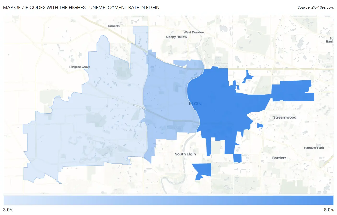 Zip Codes with the Highest Unemployment Rate in Elgin Map