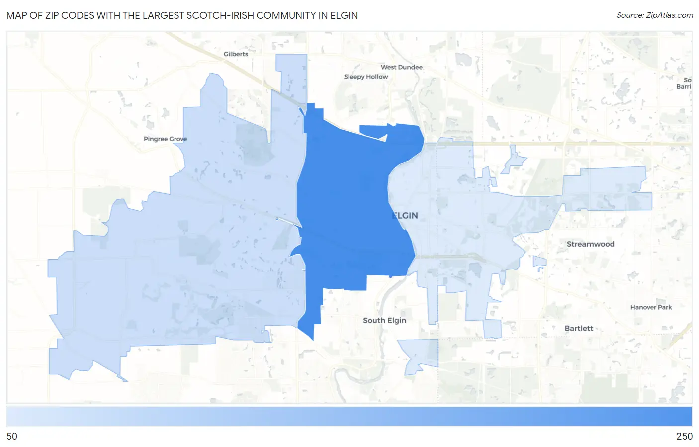 Zip Codes with the Largest Scotch-Irish Community in Elgin Map