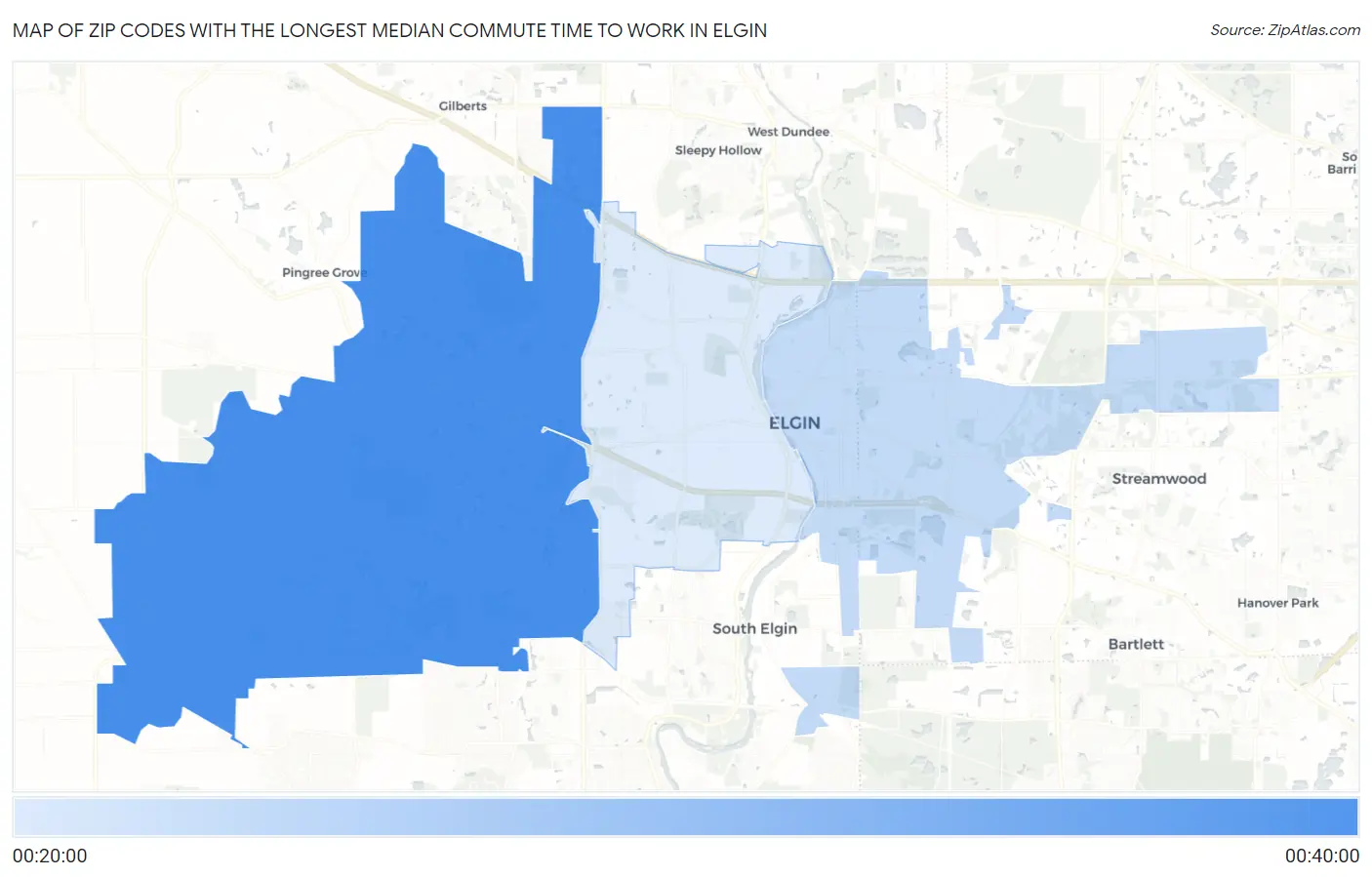 Zip Codes with the Longest Median Commute Time to Work in Elgin Map