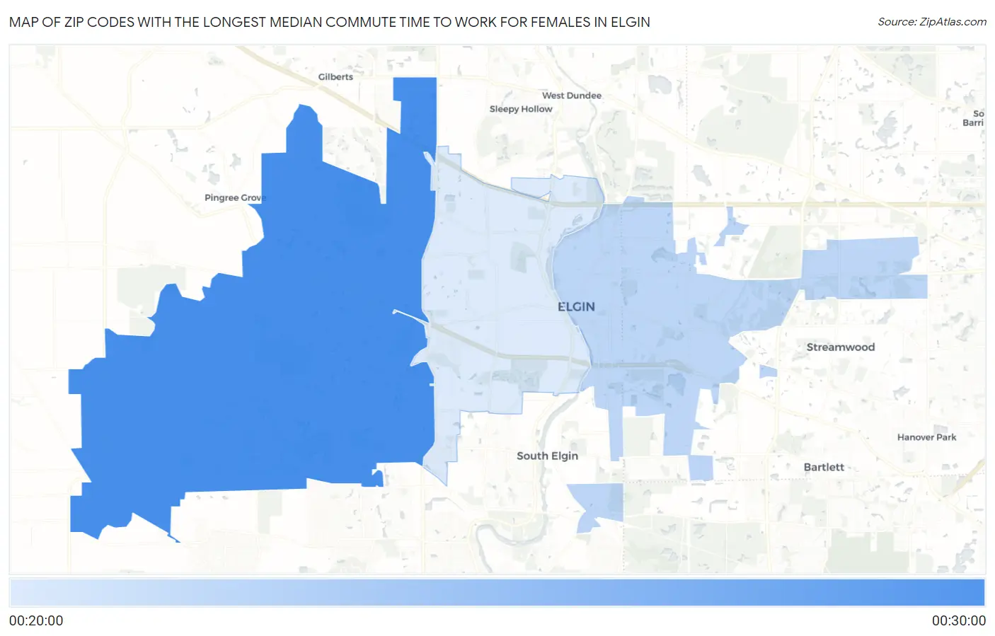 Zip Codes with the Longest Median Commute Time to Work for Females in Elgin Map