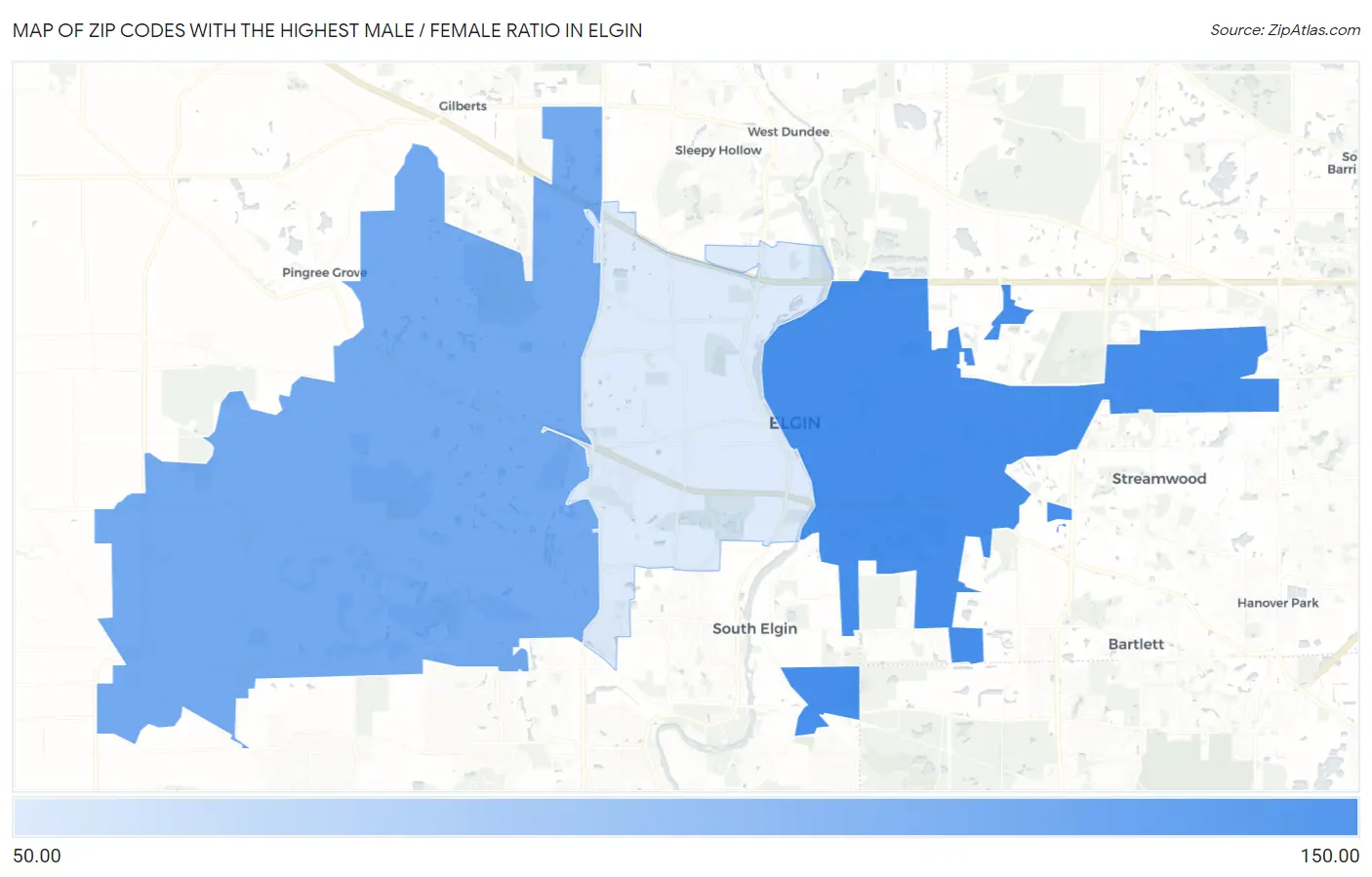 Zip Codes with the Highest Male / Female Ratio in Elgin Map