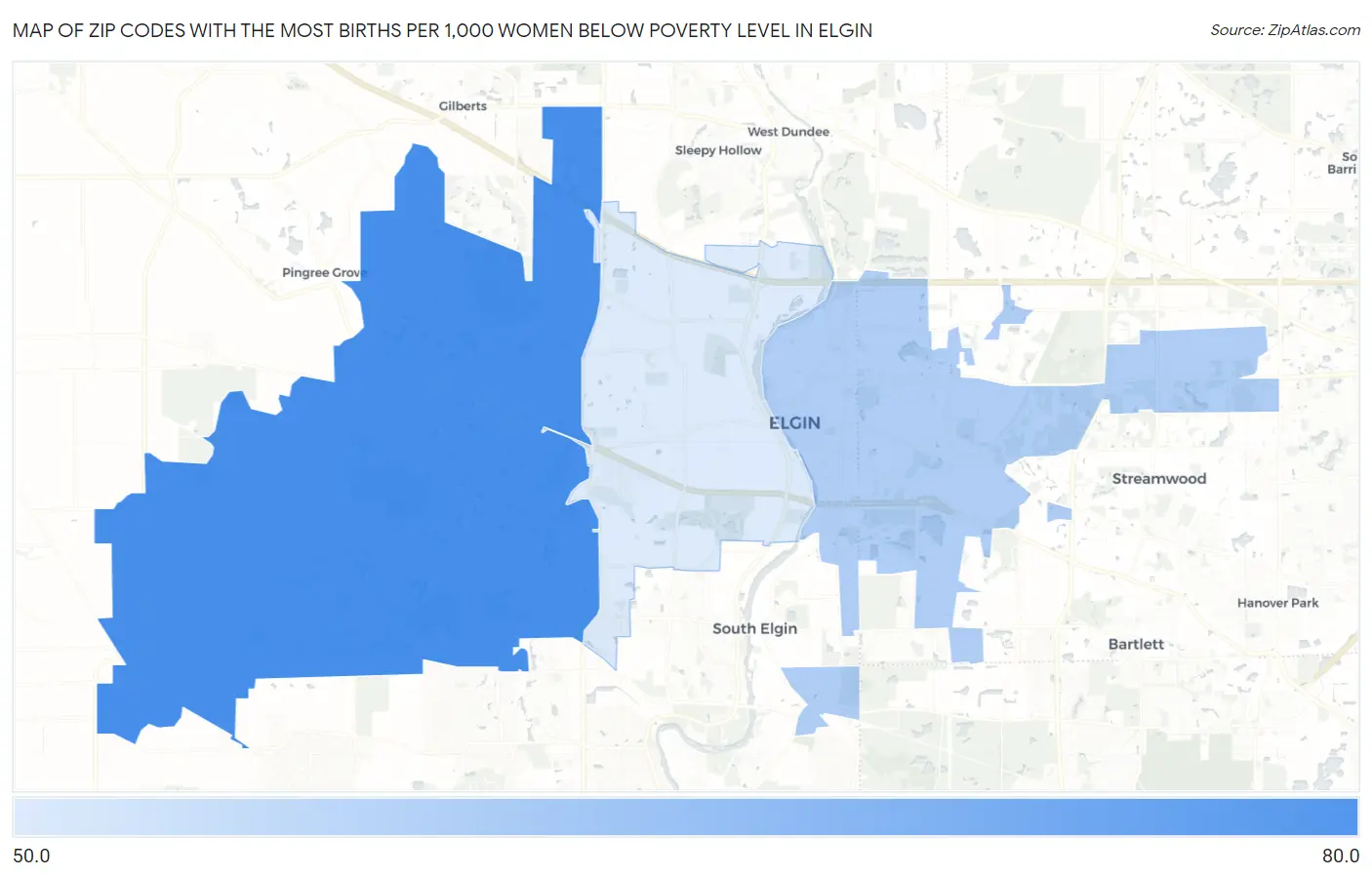 Zip Codes with the Most Births per 1,000 Women Below Poverty Level in Elgin Map