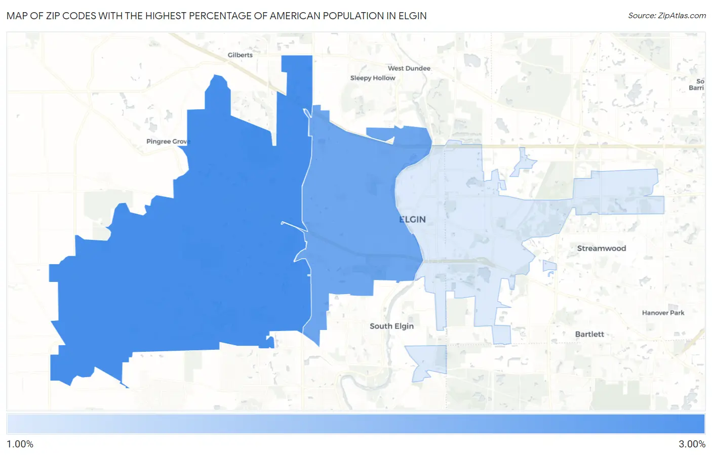 Zip Codes with the Highest Percentage of American Population in Elgin Map