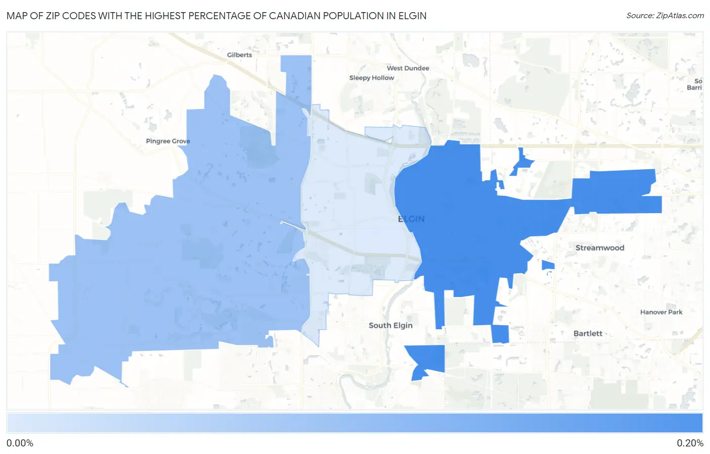 Zip Codes with the Highest Percentage of Canadian Population in Elgin Map