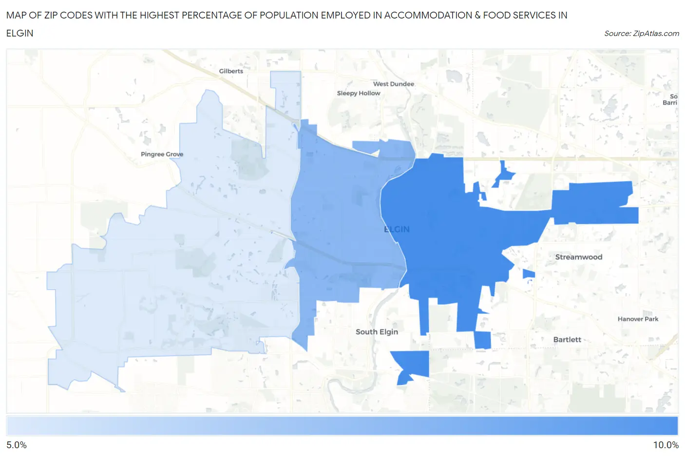 Zip Codes with the Highest Percentage of Population Employed in Accommodation & Food Services in Elgin Map
