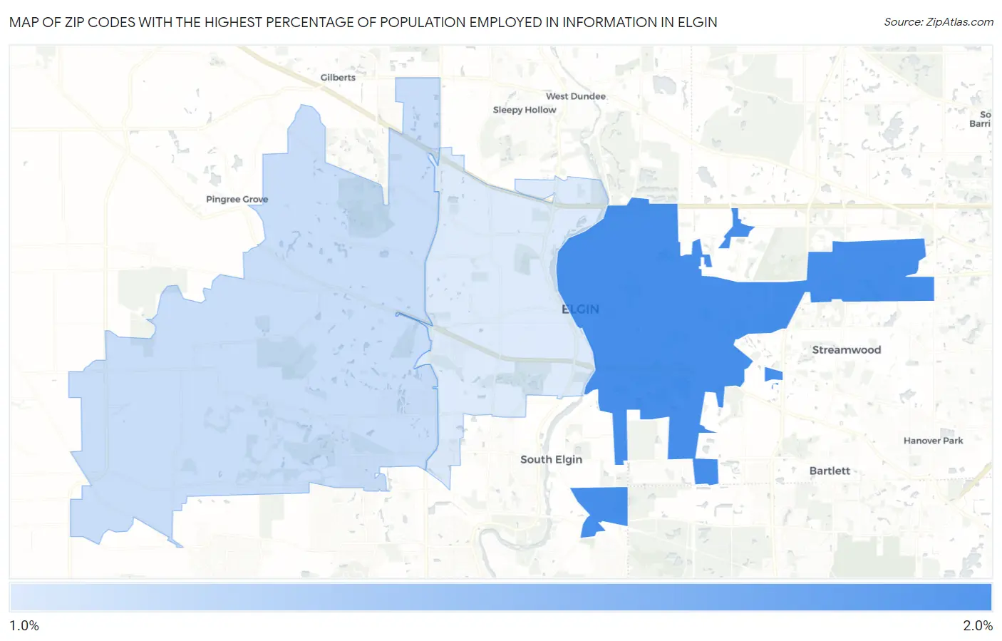 Zip Codes with the Highest Percentage of Population Employed in Information in Elgin Map