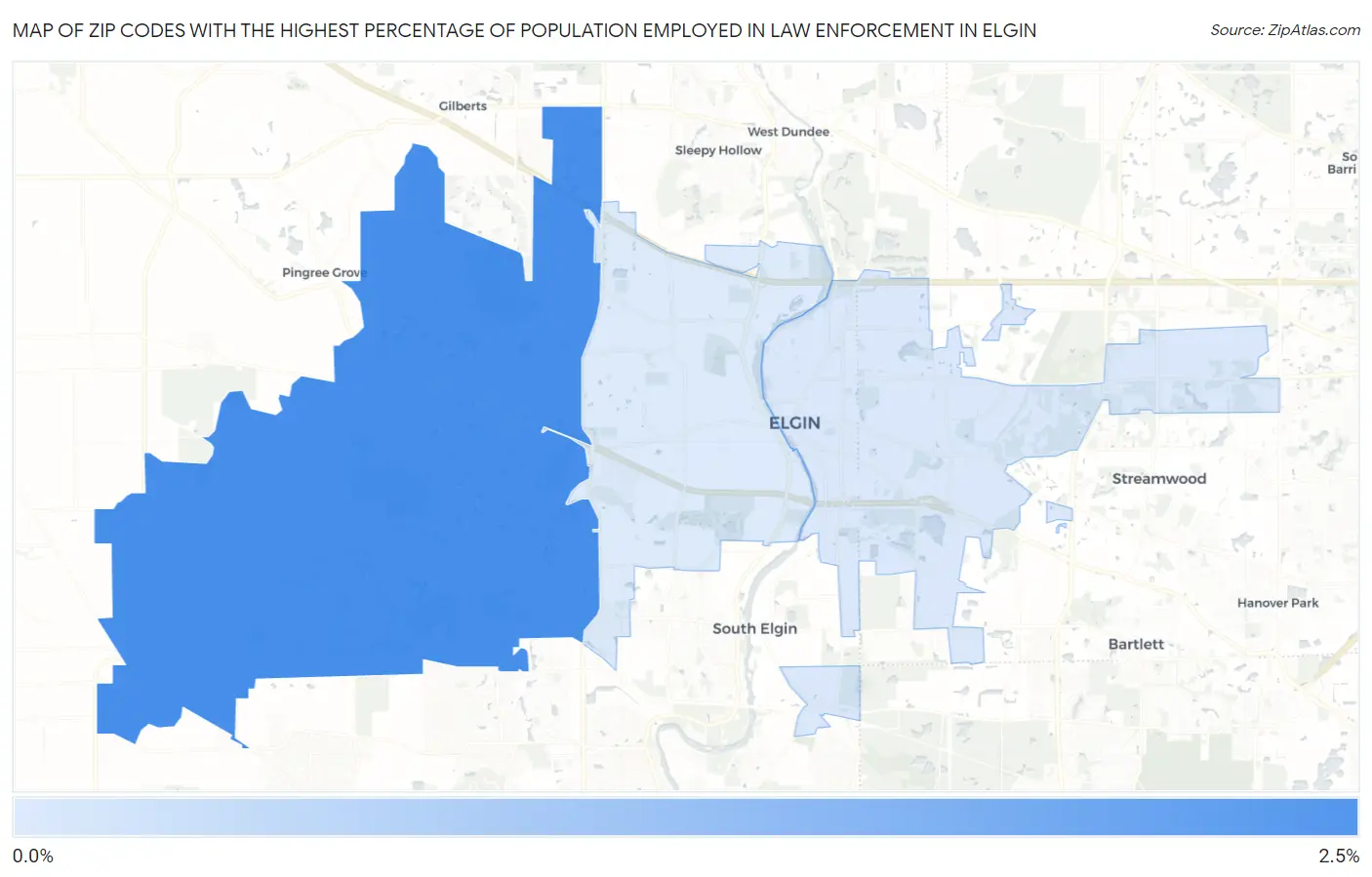 Zip Codes with the Highest Percentage of Population Employed in Law Enforcement in Elgin Map