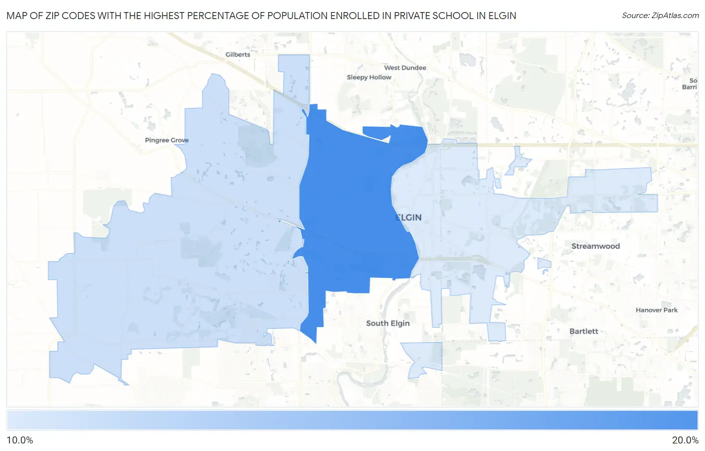 Zip Codes with the Highest Percentage of Population Enrolled in Private School in Elgin Map