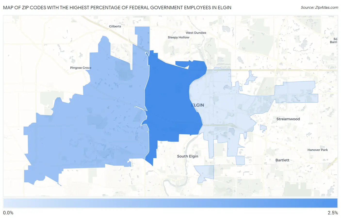 Zip Codes with the Highest Percentage of Federal Government Employees in Elgin Map