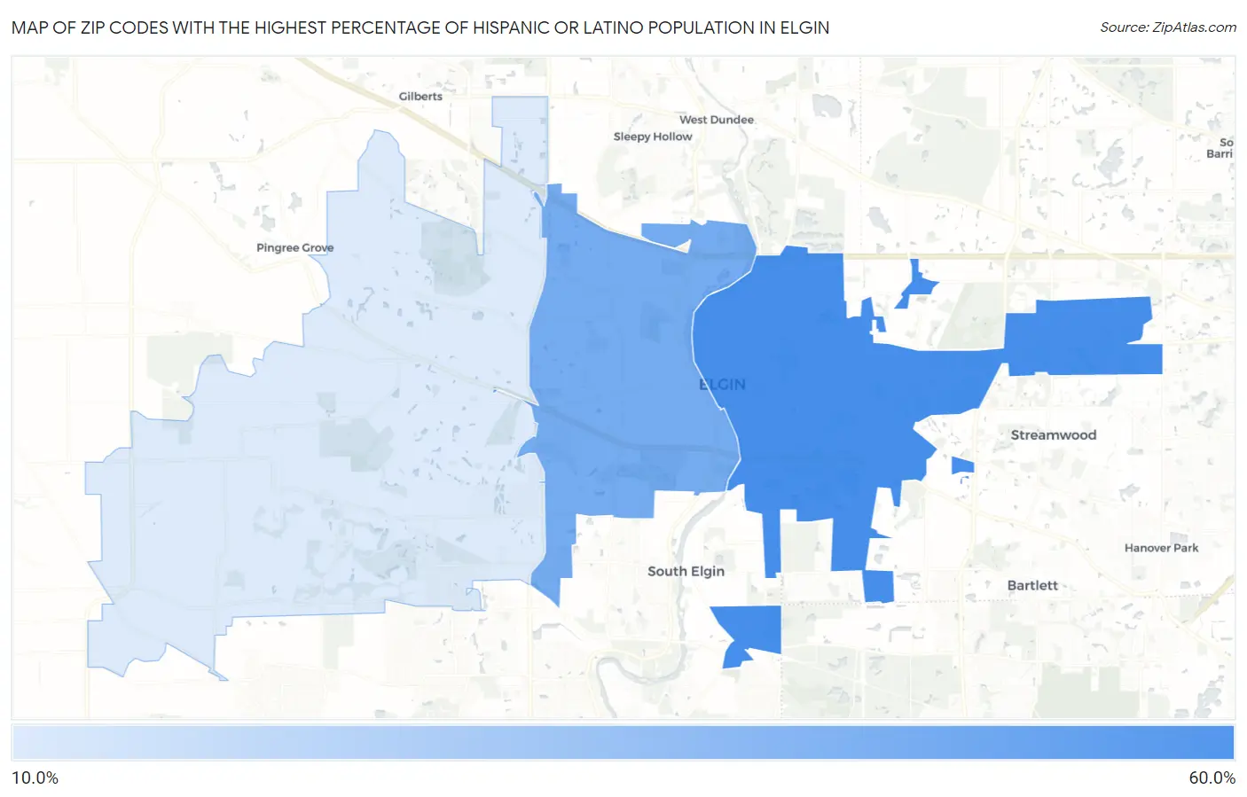 Zip Codes with the Highest Percentage of Hispanic or Latino Population in Elgin Map