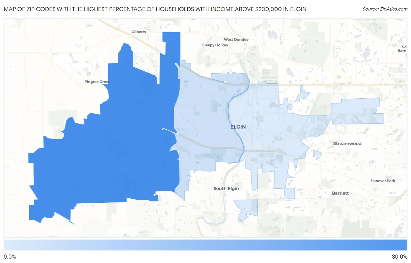 Zip Codes with the Highest Percentage of Households with Income Above $200,000 in Elgin Map